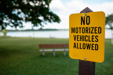 A sign stating no motorized vehicles allowed in the picnic and beach area within Pike Lake Unit, Kettle Moraine State Forest, Hartford, Wisconsin