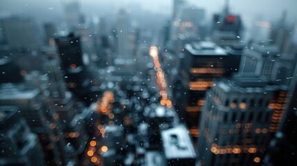 An atmospheric cityscape covered in delicate snowflakes creates an enchanting view, where soft lights from buildings radiate warmth against the chilly urban backdrop.