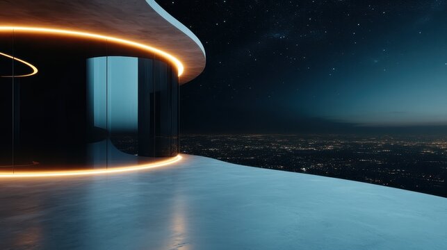 A stunning modern architectural structure featuring glass and curvature, illuminated with soft lighting, overlooking a breathtaking night view of the city skyline from above.