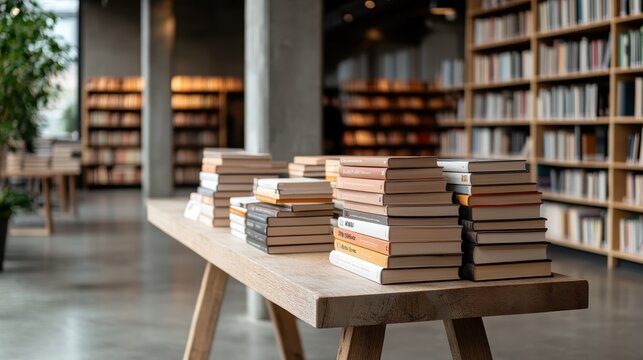 This image captures a cozy library setting featuring a wooden table with neatly organized stacks of books, evoking a sense of tranquility and knowledge.