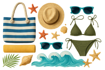 Png set of summer beach essentials with striped bag, hat, sunglasses, and bikini isolated on transparent background. concept of vacation gear, tropical accessories, seaside fashion.