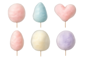 Png set of colorful rainbow cotton candy in various shapes isolated on transparent background. concept of sweet treats, carnival snacks, festival decoration, dessert illustration