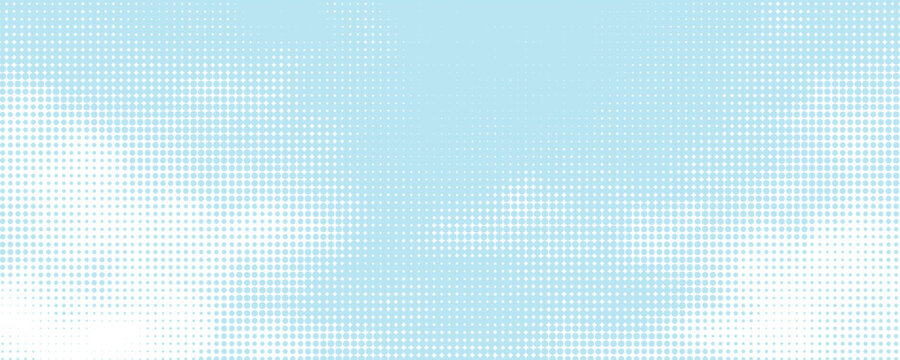 Blue halftone gradient pattern. Retro comic book background with white clouds against blue sky. Vector illustration.