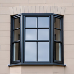 Black frame aluminium windows of building.