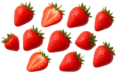 Png set of floating strawberries isolated on transparent background. concept of fresh fruits, summertime sweetness, healthy eating decoration. clip art for design, layout asset