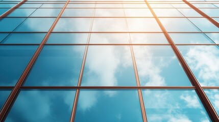 A striking modern glass facade of a building reflects the blue sky and clouds, showcasing contemporary architecture and the harmony between structure and nature.