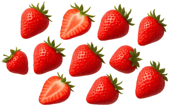 Png set of floating strawberries isolated on transparent background. concept of fresh fruits, summertime sweetness, healthy eating decoration. clip art for design, layout asset