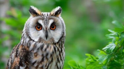 Obraz premium Captivating Close-Up of an Owl with Striking Orange Eyes Surrounded by Lush Greenery in Soft Natural Light
