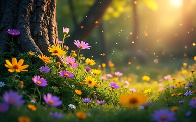 Colorful flowers in a meadow bathed in golden sunlight