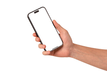 Hand showing smartphone with blank screen isolated.