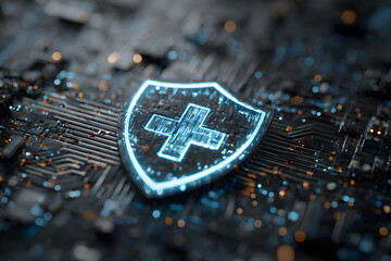 Modern Healthcare Technology with Glowing Shield, Emphasizing Digital Security for Medical Data