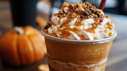 A vibrant and enticing pumpkin spice beverage topped with whipped cream, caramel drizzle, and cookie crumbs, perfect for fall flavors and cozy moments.
