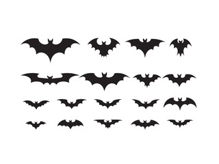 Collection of stylized black bat silhouettes in different sizes and wing positions for halloween