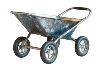 Rusted metal wheelbarrow.  Four wheels support a shallow, slightly angular, metal bed.  Handles are affixed to the upper frame
