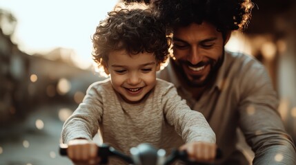 A father and son duo riding a bicycle together, the child radiating happiness while engaging in a shared joyful experience, symbolizing love and familial connection.