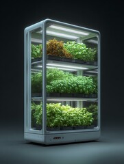 argriculture smart technology farming future A modern indoor garden featuring fresh herbs growing in a sleek hydroponic refrigerator, illuminating the future of urban farming.