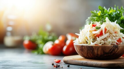 This enticing image showcases a bowl of fresh shredded salad garnished with tomatoes, emphasizing healthy eating and culinary creativity set in a rustic dining environment.