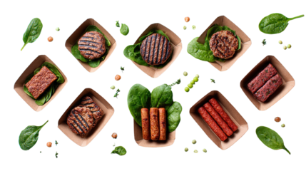 Plant-based assortment of burgers, sausages, and meat alternatives, healthy eating concept