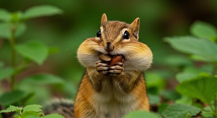 Adorable chipmunk greedily devours large nut lush green foliage background. AI Generated