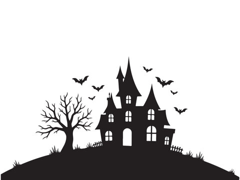 Spooky haunted house silhouette with bats and bare tree on a white background illustration