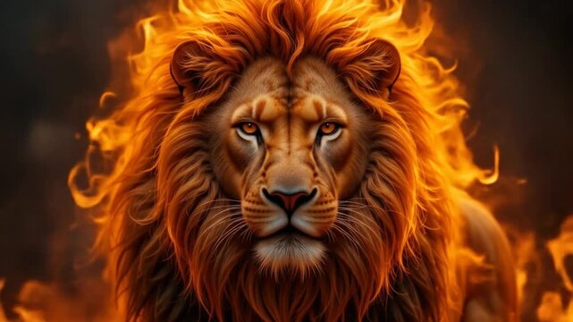 Roaring Inferno: A majestic lion with a mane of fire burning brightly in the dark