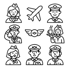 Doodle vector icon set of airline crew members and aircraft symbols  