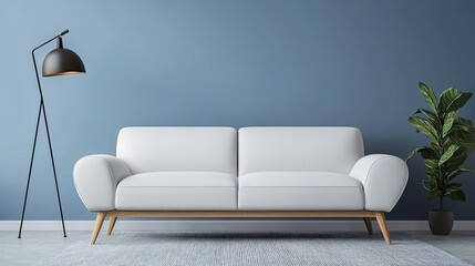 Empty modern living room with a white sofa and floor lamp.