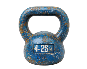 Rusty blue kettlebell, isolated.  Weight markings visible