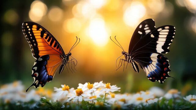 Two vibrant butterflies, one orange and black and the other black and white, flutter gracefully above a field of daisies under a glowing sunset, showcasing nature's beauty and harmony.