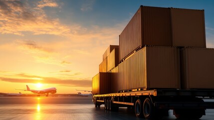 An expansive view of stacked cargo containers beside a runway as a plane takes off against a vibrant sunset, symbolizing global trade and transportation's importance.