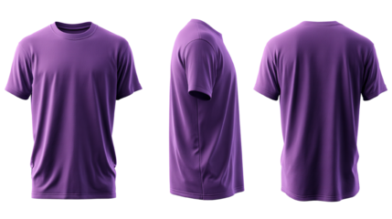 Realistic purple t-shirt mockup template displayed from front, side and back views