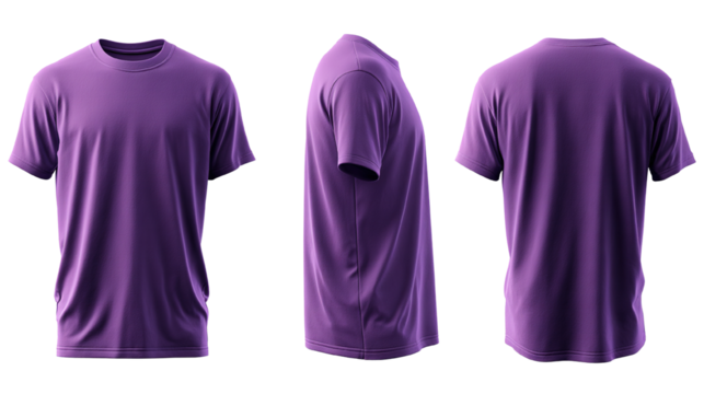 Realistic purple t-shirt mockup template displayed from front, side and back views