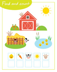 Find and count game on the farm. Education for children. Composition of numbers 1-5.