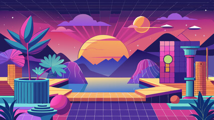 Fototapeta premium Retro futuristic landscape with neon sunset and geometric architecture