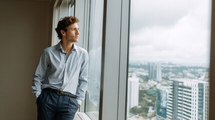 Fototapeta premium Young professional gazes thoughtfully out of high rise window, overlooking cityscape filled with modern buildings and cloudy skies. scene conveys sense of ambition and contemplation