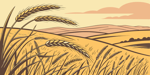 Golden wheat field illustration with rolling hills and a soft sky