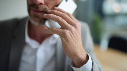 Close up of hand holding smartphone while engaged in phone conversation, showcasing professional setting with focus on communication and technology