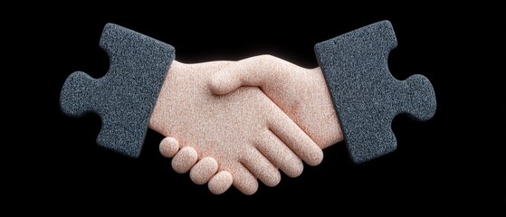 Close-up of two hands shaking with puzzle piece sleeves symbolizing partnership agreement collaboration and teamwork in a professional black background
