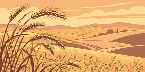Golden wheat field illustration with rolling hills and a warm sunset sky