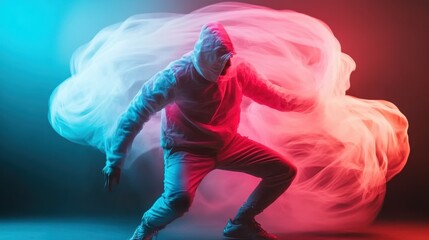 A dynamic dancer in a hoodie performs against a vibrant backdrop of swirling red and blue smoke, capturing motion and a sense of freedom in the art of dance.