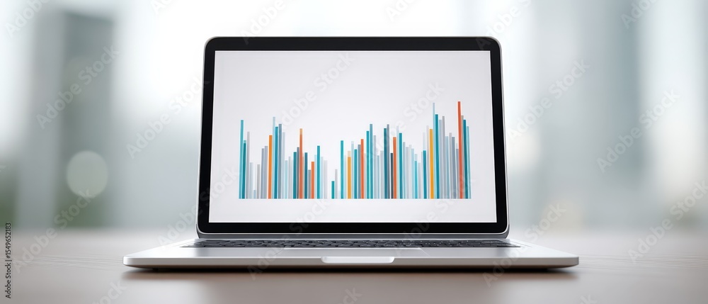 Poster Modern silver laptop on desk displaying colorful bar graph analytics with blurred window background illustrating technology data visualization and digital information