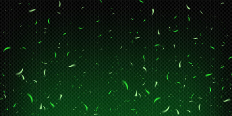 Glowing green sparks and magical fire effect with smoke, fog and toxic poison mist. Abstract dark background with flying particles, neon shine and festive fairylight texture. Vector illustration