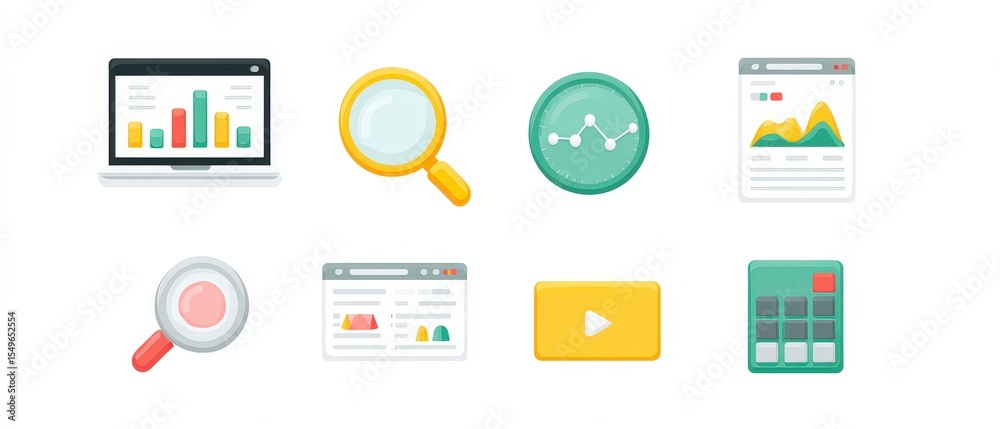 Poster collection of digital data analysis icons including charts graphs magnifying glass computer browser 