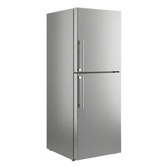 Modern Stainless Steel Refrigerator with Vertical Handles, Isolated View.