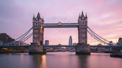Obraz premium Tower Bridge stands majestically over River Thames, showcasing stunning architecture against pastel sunset. scene evokes tranquility and beauty