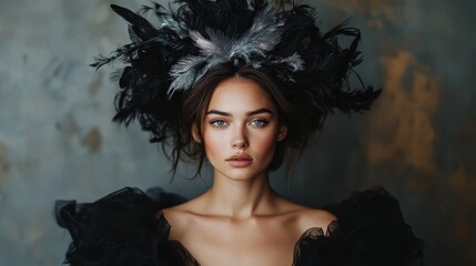 A captivating portrait of a woman adorned with an extravagant feather headpiece that adds a dramatic and artistic flair, symbolizing elegance and creativity.