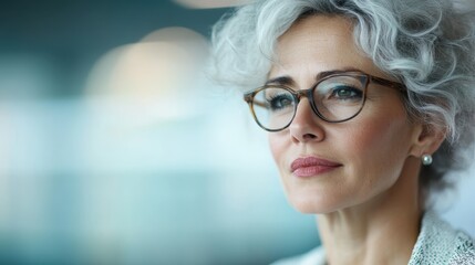 A reflective portrait of a mature woman with elegant silver hair and glasses, exuding sophistication and wisdom as she gazes thoughtfully into the distance.