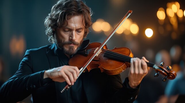 An intense moment captured as a talented male violinist plays his instrument in a softly illuminated space, highlighting the passion and emotion of the performance.