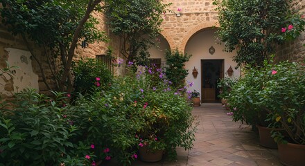 Fototapeta premium Courtyard, Garden, Stone, Serene Courtyard Garden with Stone Archway
