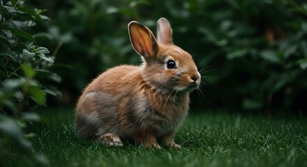 Fototapeta premium Rabbit, Bunny, Hare, Adorable Brown Rabbit in Lush Green Grass